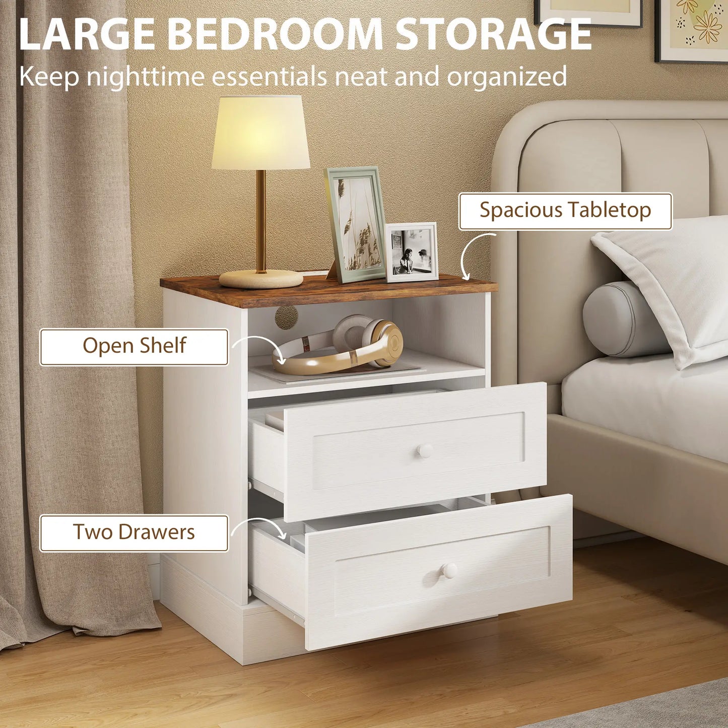 Nightstand with Charging Station 2 Drawers Bedside Table Set of 2 White and Oak Bedside Tables at Gallery Canada