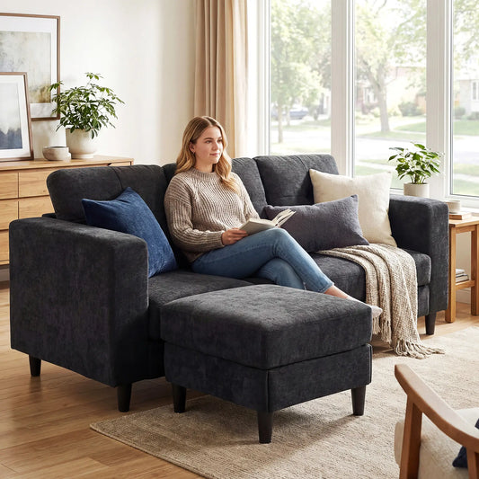 Canapé d'angle en forme de L, Pieds en bois, Méridienne amovible, Noir