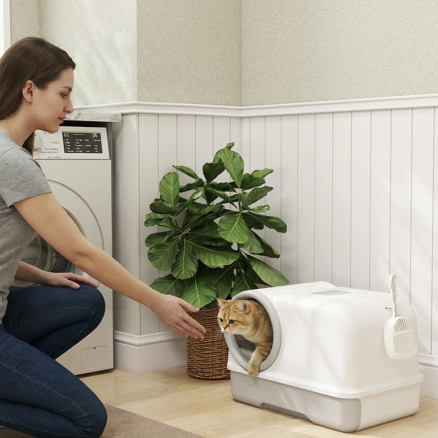 Hooded Cat Litter Box, Easy Clean Drawer, Odor Control, White Grey Cat Litter Box Enclosures at Gallery Canada