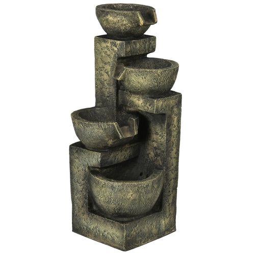 Outdoor Fountain, 4-Tier Stone Look Bowls, Adjustable Flow, LED Lights