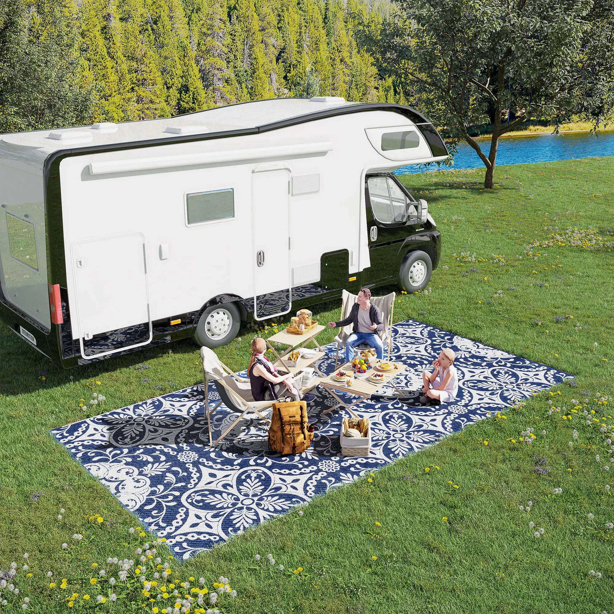 Portable Outdoor Rug, 9' x 18', Waterproof, White Flower, Blue Outdoor Reversible Rugs at Gallery Canada
