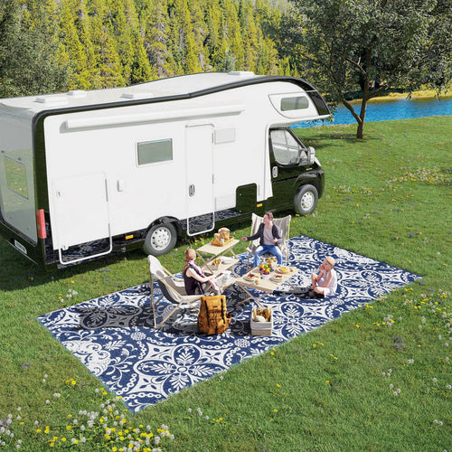 Portable Outdoor Rug, 9' x 18', Waterproof, White Flower, Blue
