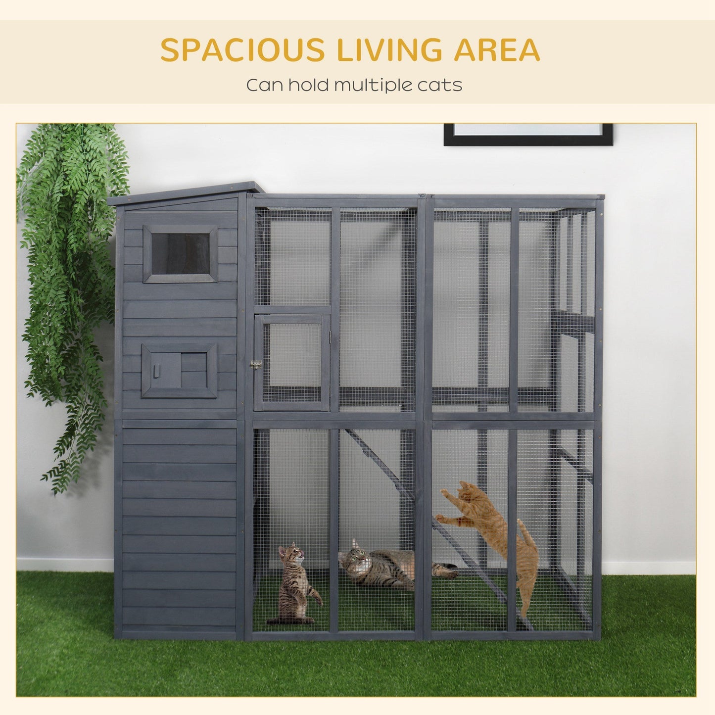 Large Wooden Outdoor Cat House with Large Run for Play, Catio for Lounging, and Condo Area for Sleeping, Grey at Gallery Canada