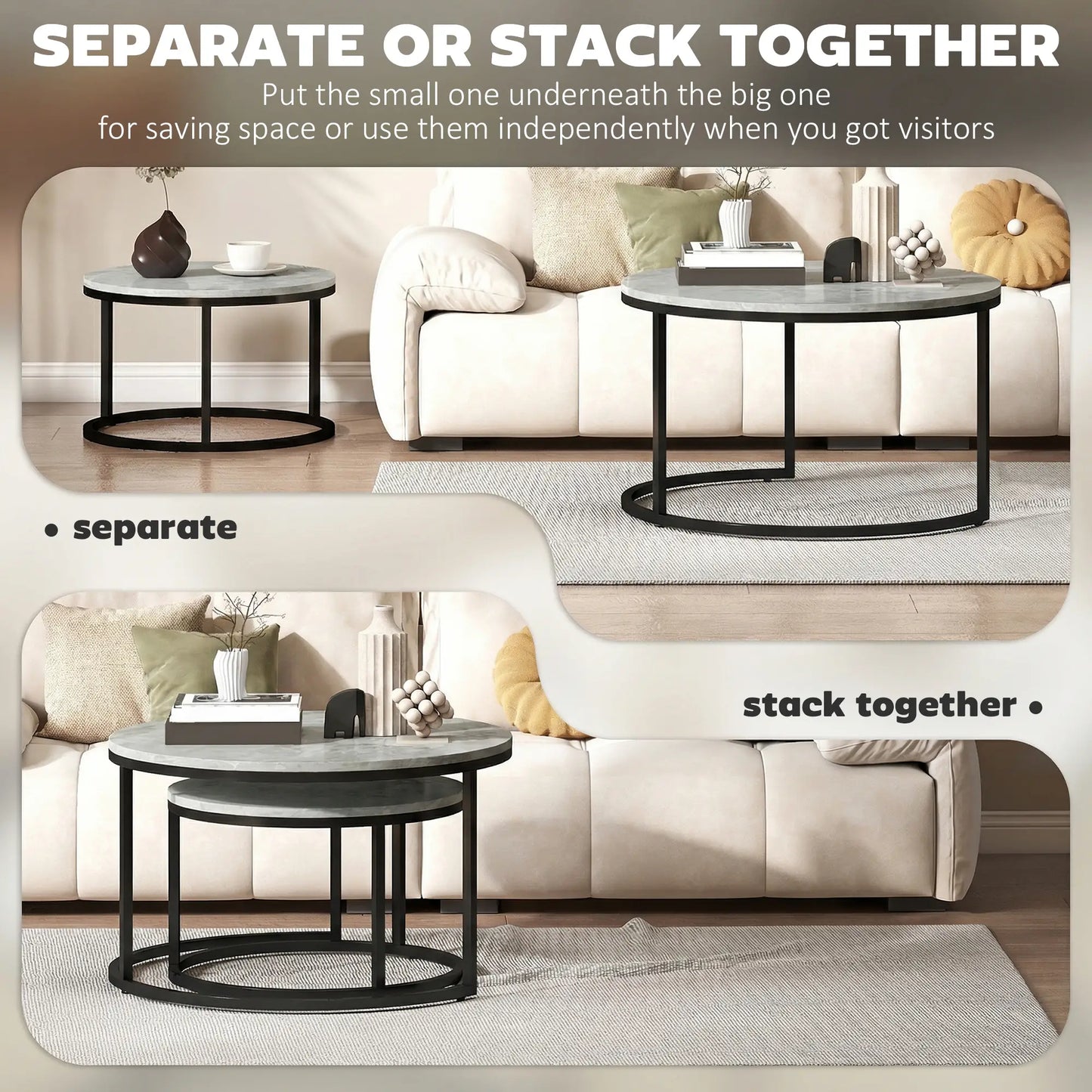 Coffee Table Set Of 2, Nesting Side Tables, Metal Base, Marble Grey, Grey Coffee Tables at Gallery Canada