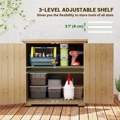 Wooden Outdoor Storage Cabinet, Garden Shed With Shelf, Double Doors, Natural