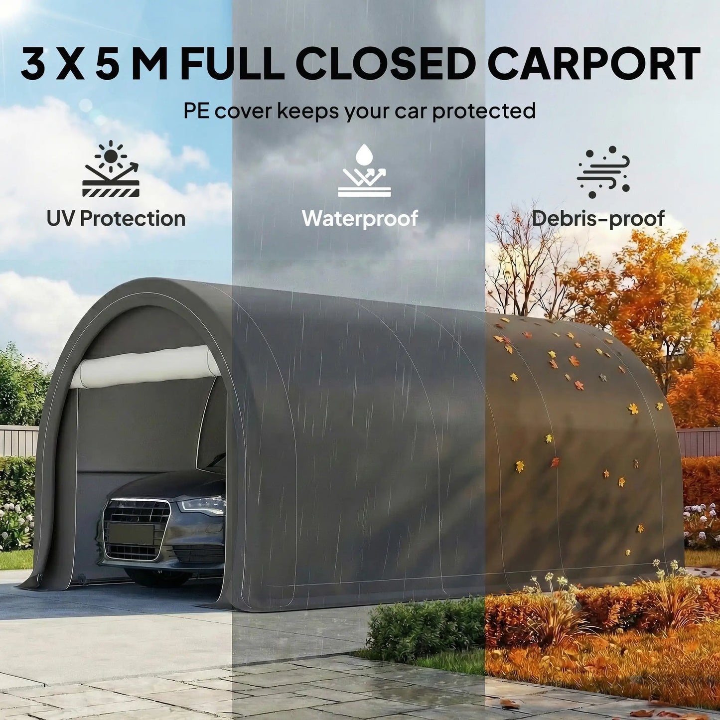 10' x 16' Heavy Duty Carport Tent, Zippered Door, PE Cover, Grey Car Shelters at Gallery Canada