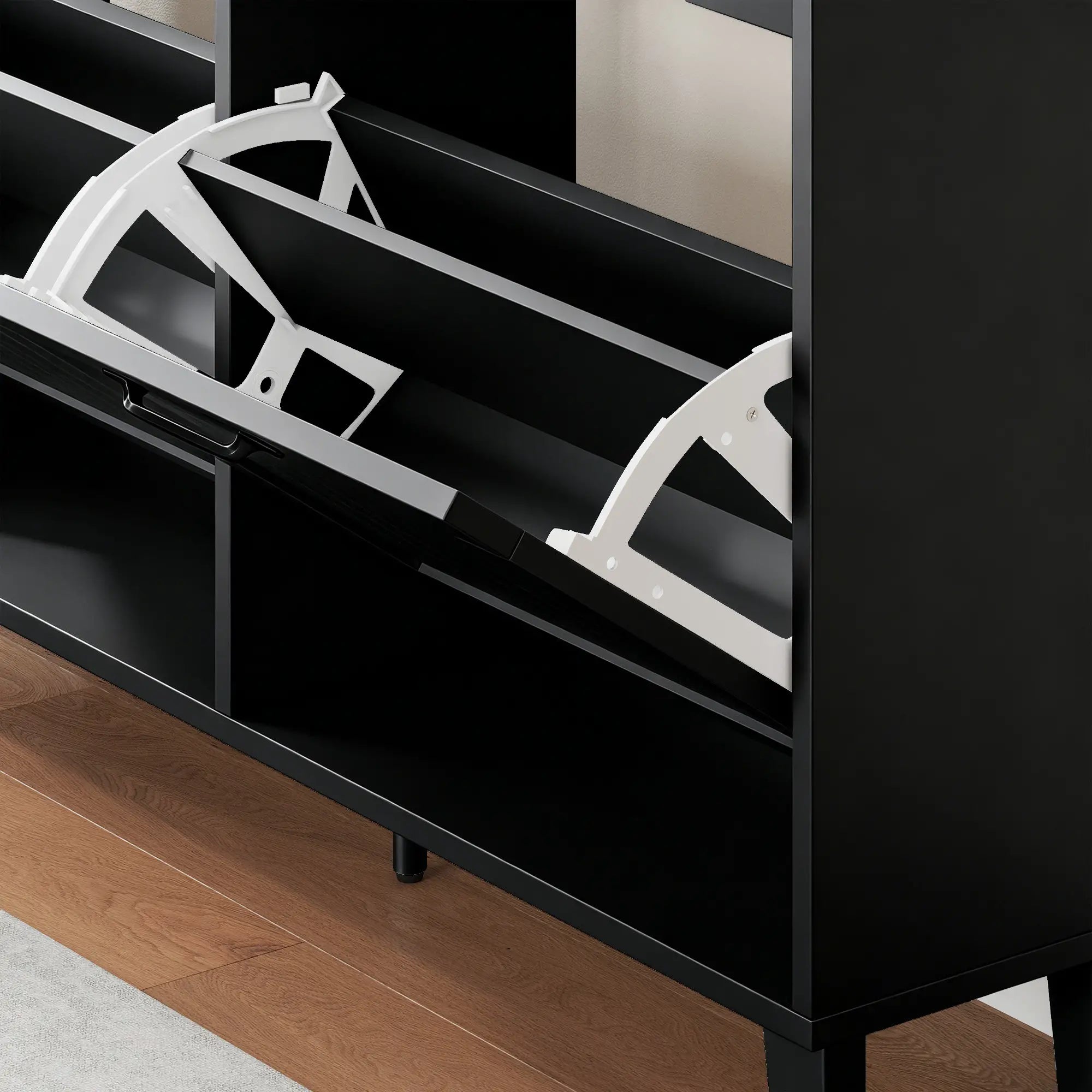 Shoe Cabinet with 4 Flip Drawers, Freestanding Narrow Shoe Storage Cabinet with Adjustable Shelves, Open Back, Black Shoe Storage Cabinets & Racks at Gallery Canada