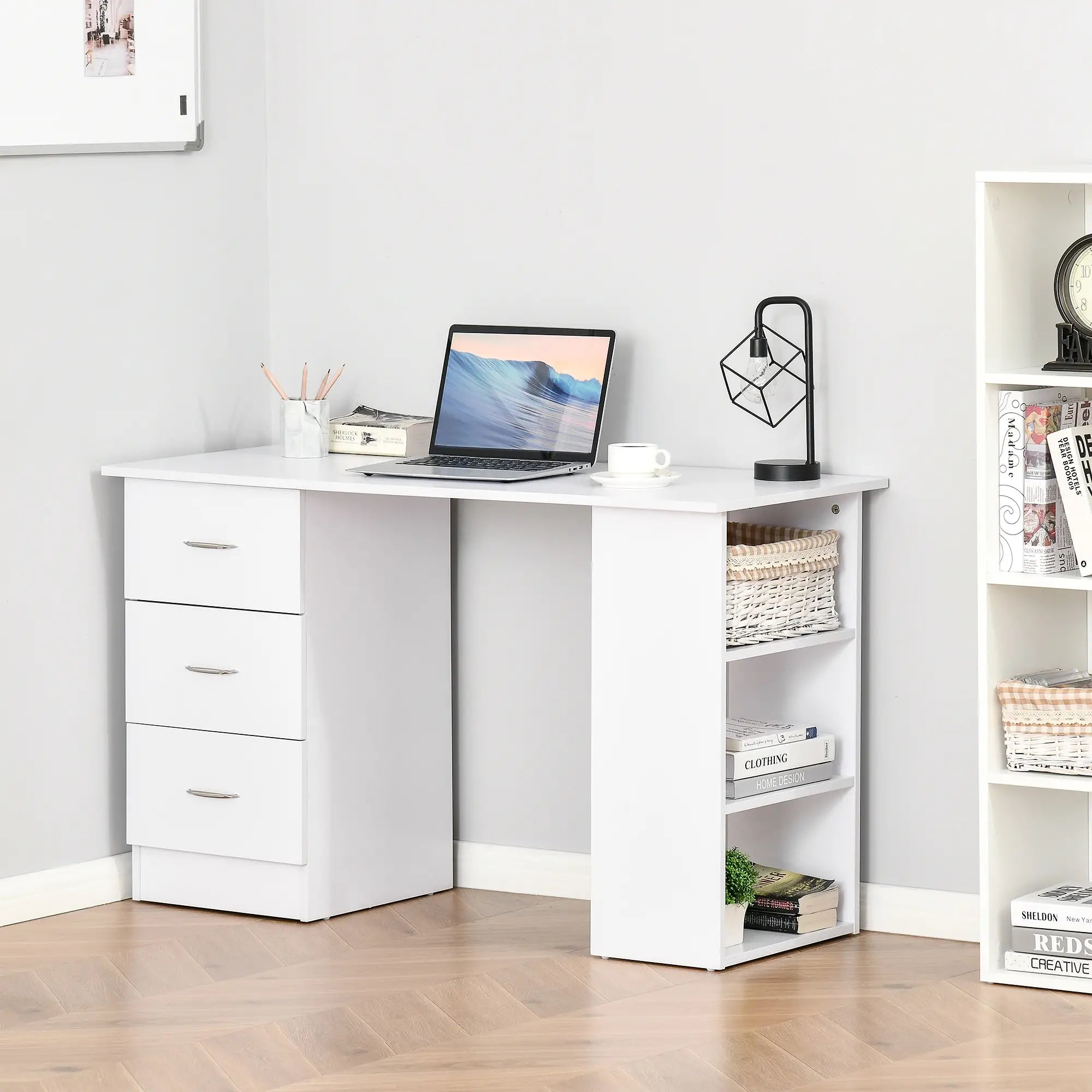 47 Inches Office Desk, 3-Tier Storage Shelves, Drawers, White Writing Desks at Gallery Canada