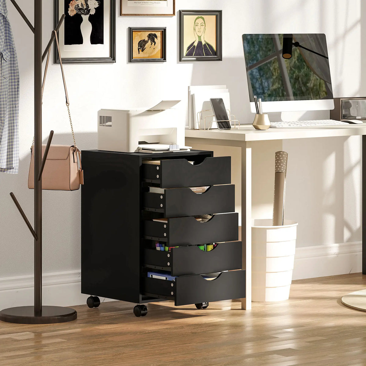 5 Drawer File Cabinet on Wheels, 15.7" x 15.7" x 26.4", Black Office Cabinets & Cupboards at Gallery Canada