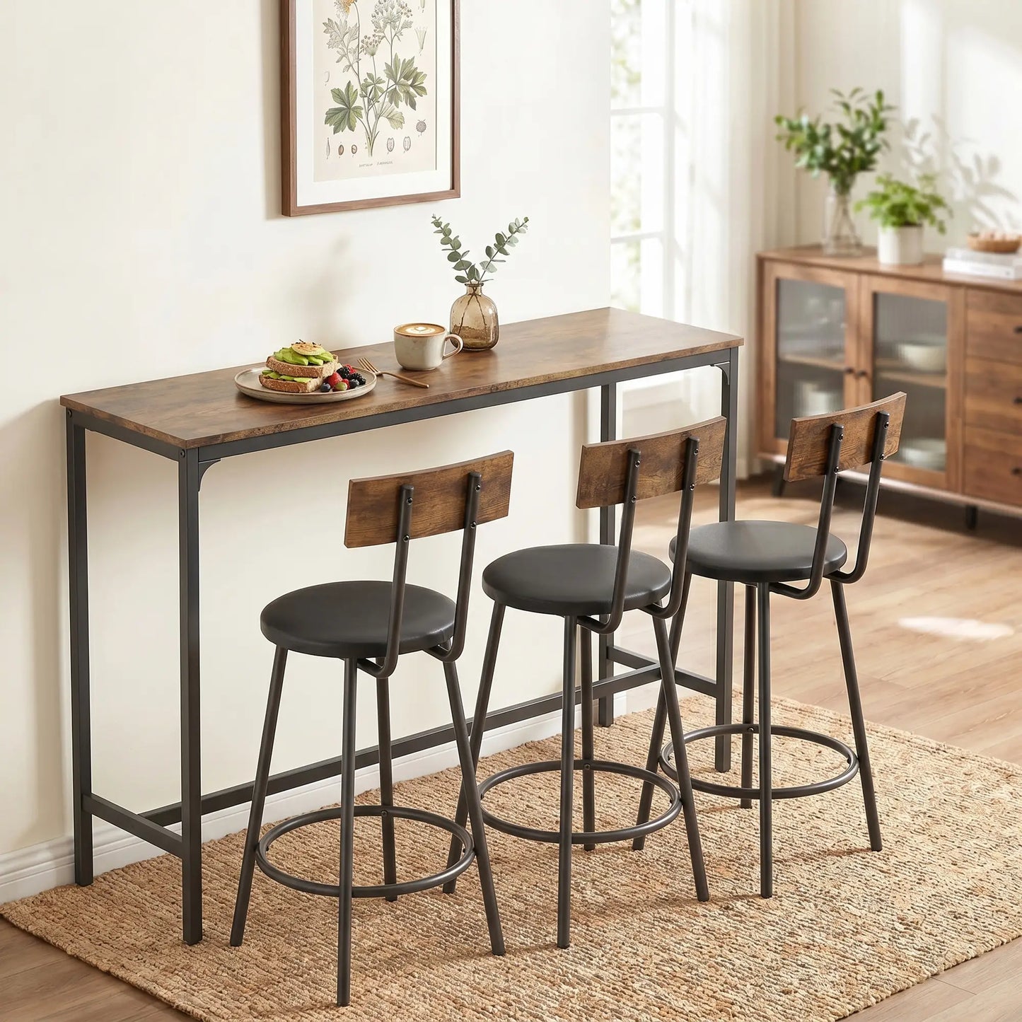 Bar Table Set, 4 PU Cushioned Barstools, Rustic Brown