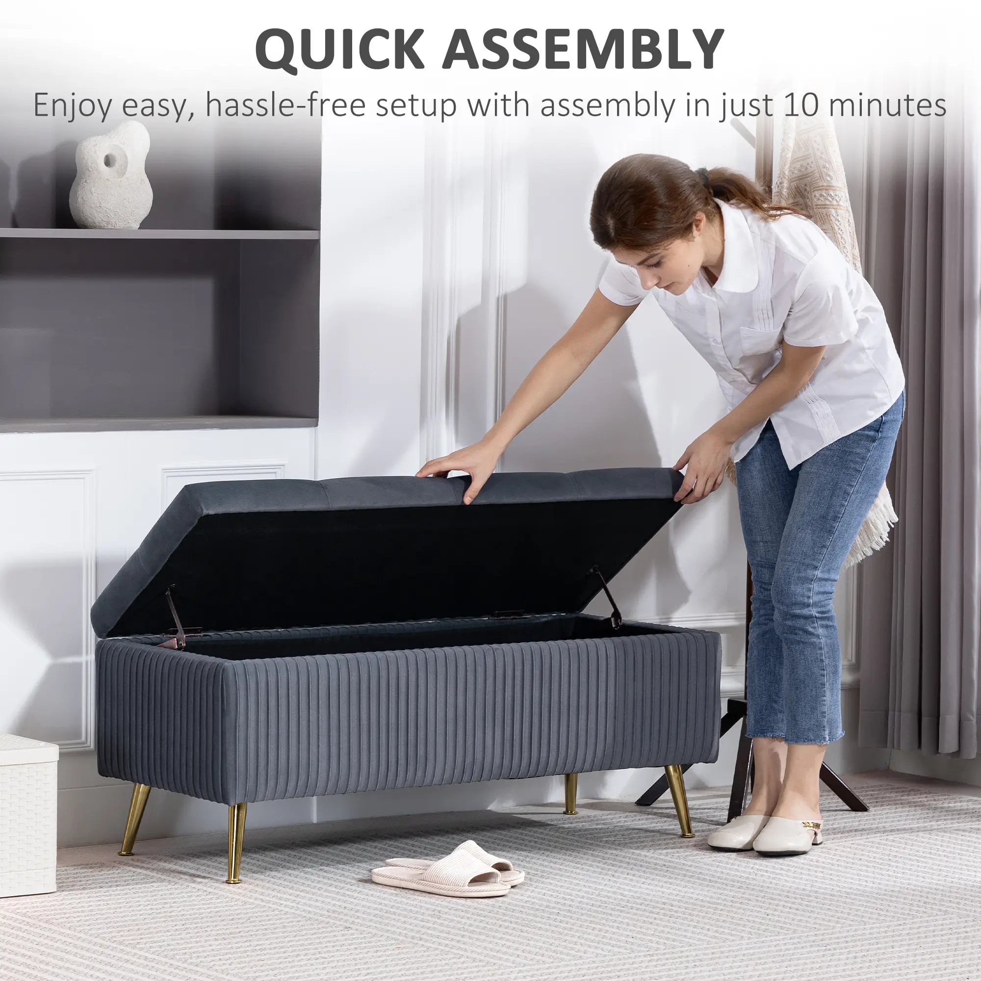 43 Inch Storage Ottoman Bench, Steel Legs, Padded Seat, Dark Grey Storage Ottomans & Benches at Gallery Canada