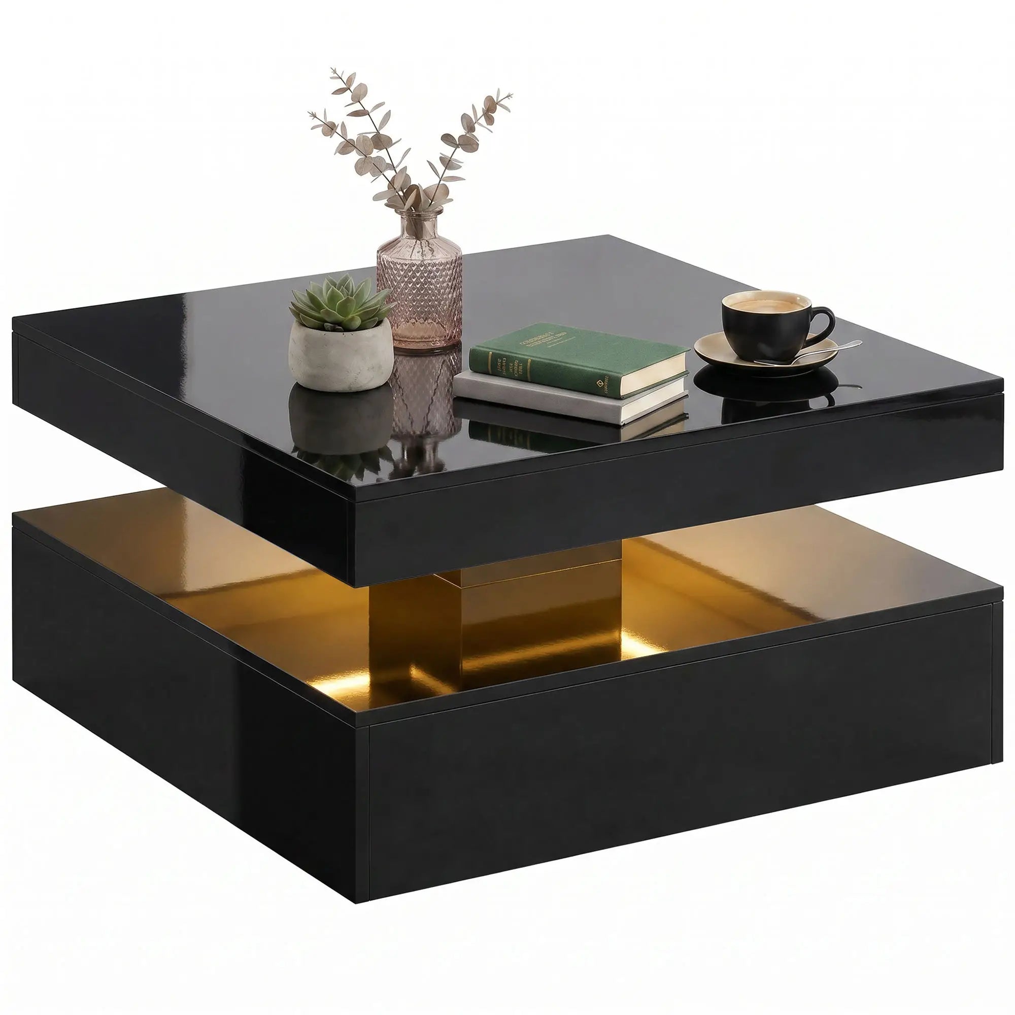 LED Coffee Table with Storage, 2-Tier Modern Center Table with Open Shelf and Remote for Living Room, High Gloss Black Coffee Tables at Gallery Canada