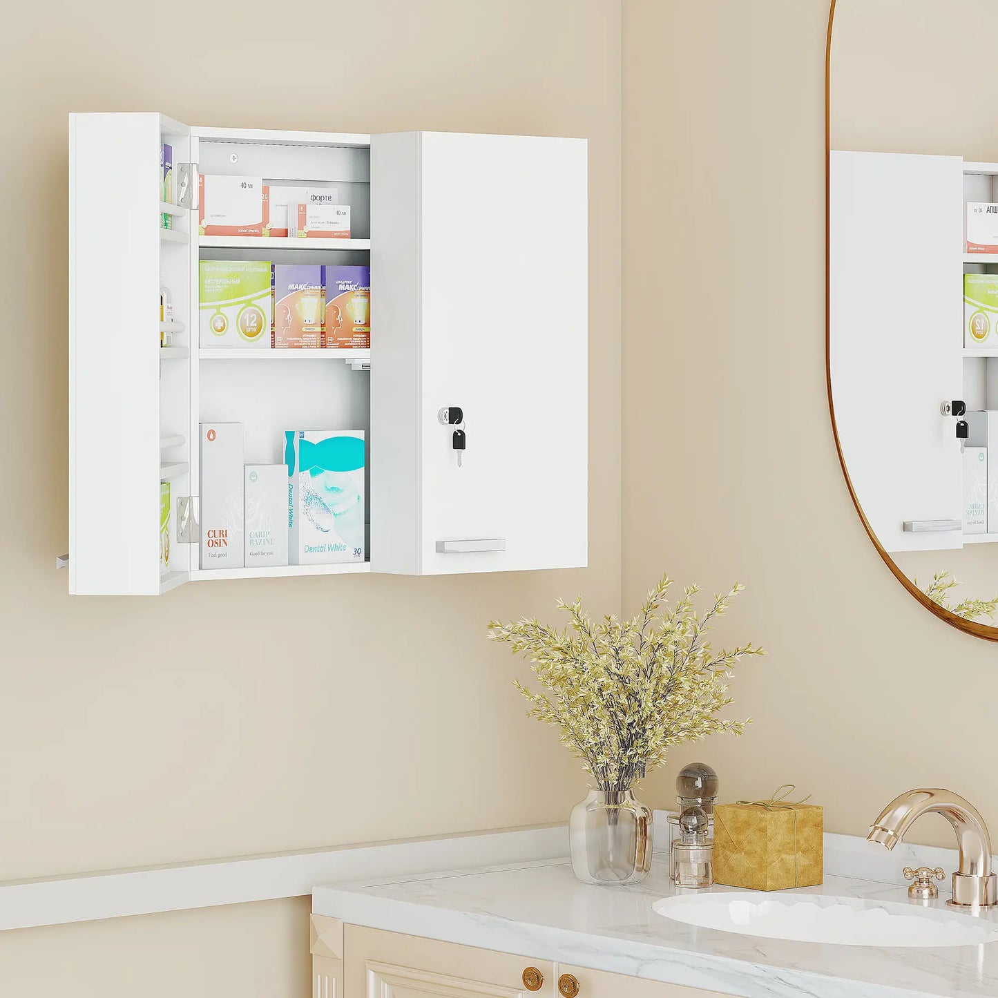 Wall Mount Medicine Cabinet, 4 Tier Shelves, Lockable, White Mirror Medicine Cabinets at Gallery Canada