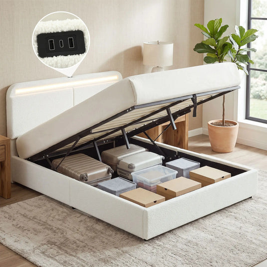 Queen Bed Frame with Charging Station, LED Lights, Adjustable Headboard, White Bed Frames White at Gallery Canada