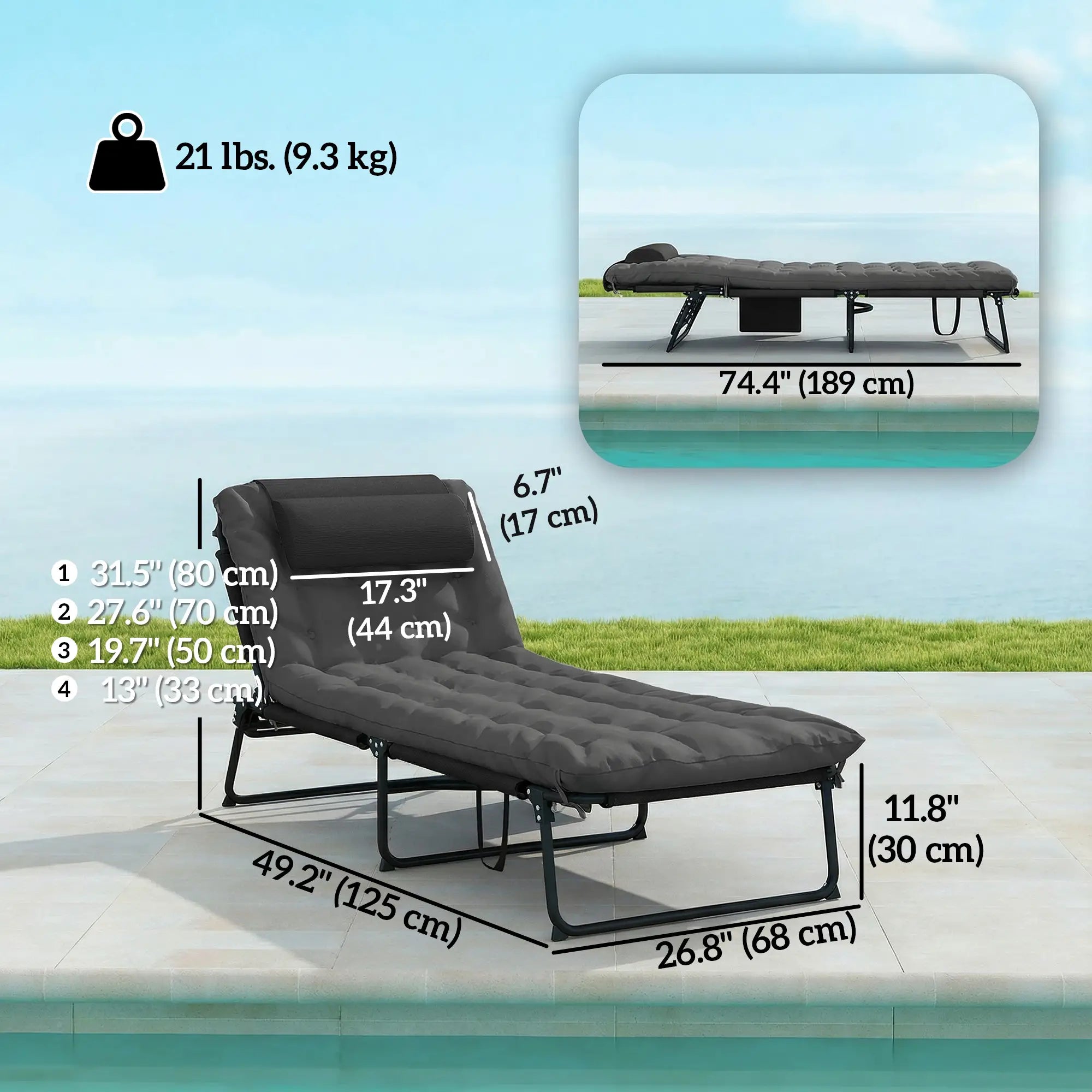 Folding Lounge Chair, 4-Level Reclining Back, Dark Grey Lounger Chairs at Gallery Canada