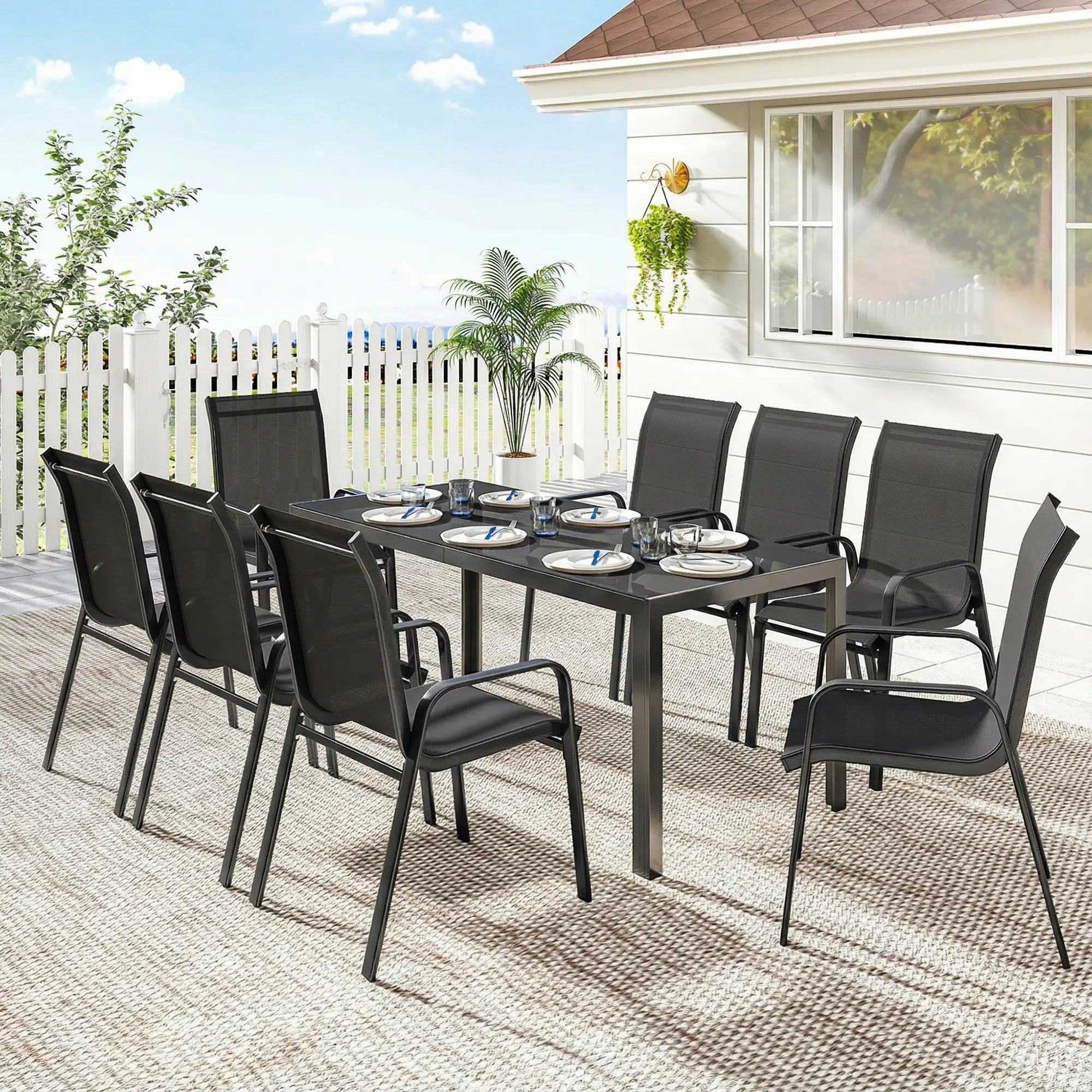9 Piece Patio Set, Stackable Chairs, Glass Top, Black Outdoor Dining Sets at Gallery Canada