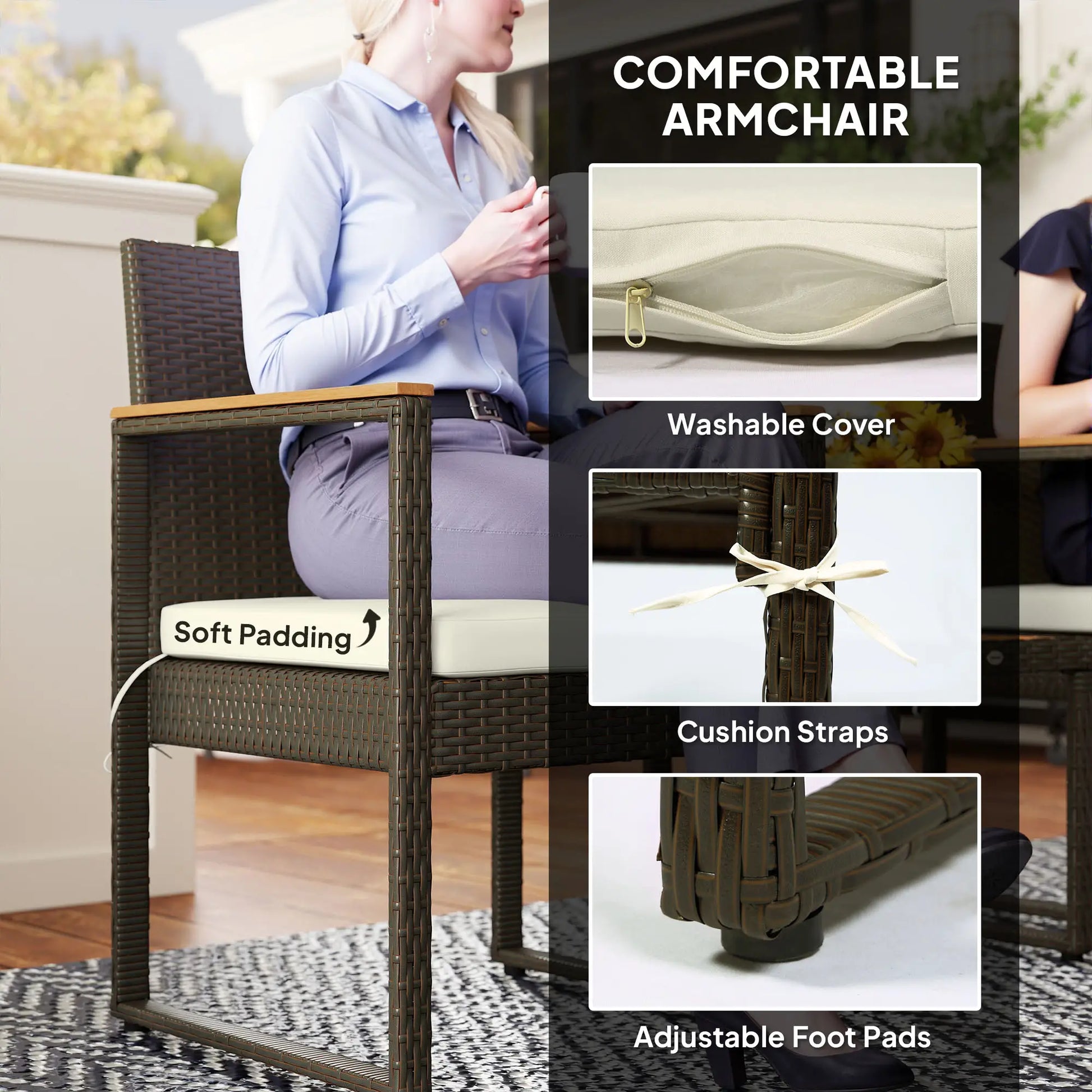 3 Pc Wicker Patio Set, Rattan Bistro w/ Acacia Table, White Bistro Sets at Gallery Canada