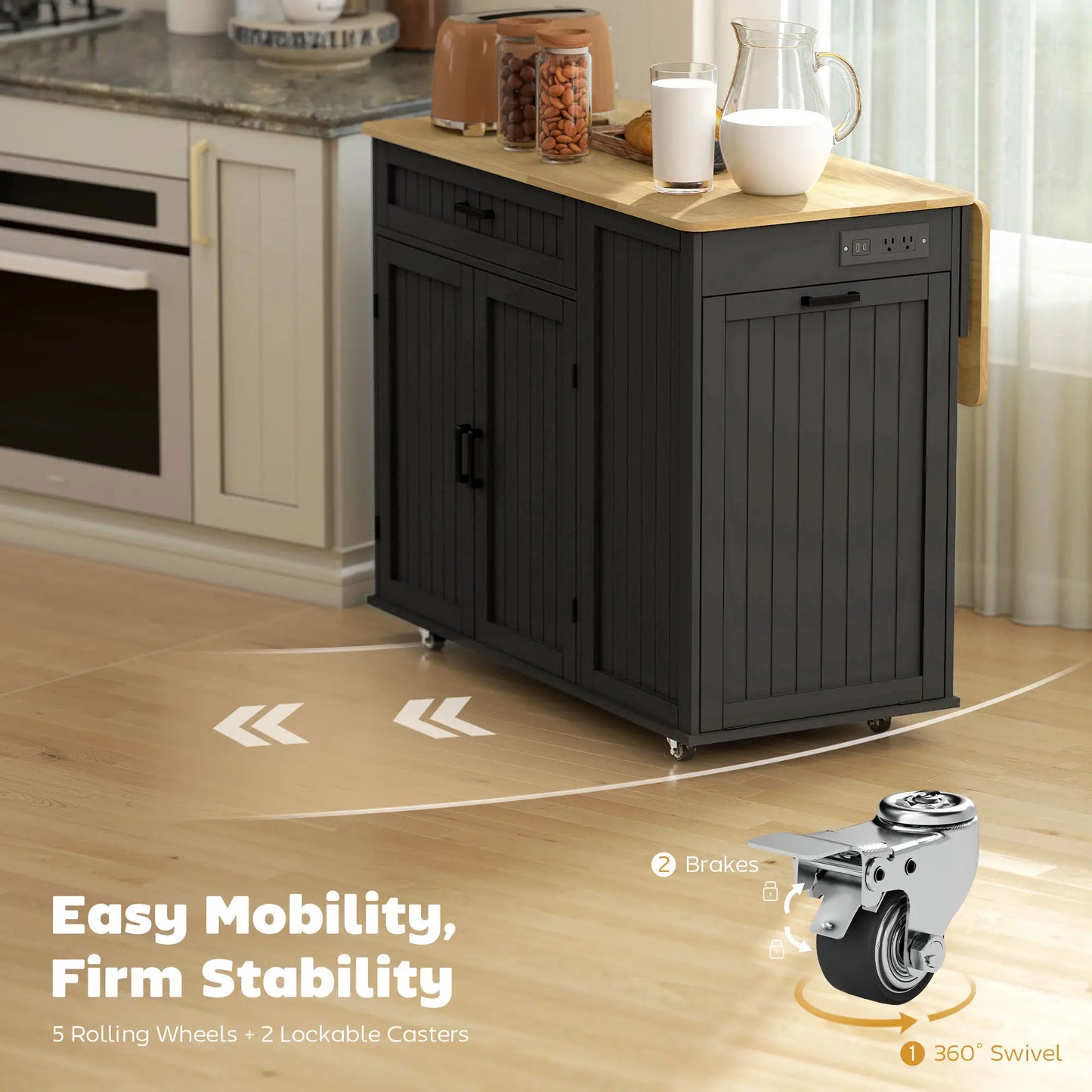 Kitchen Island Cart, Portable Table with Charging Station, Rubber Wood Drop Leaf, Trash Storage, Black Kitchen Islands & Kitchen Carts at Gallery Canada