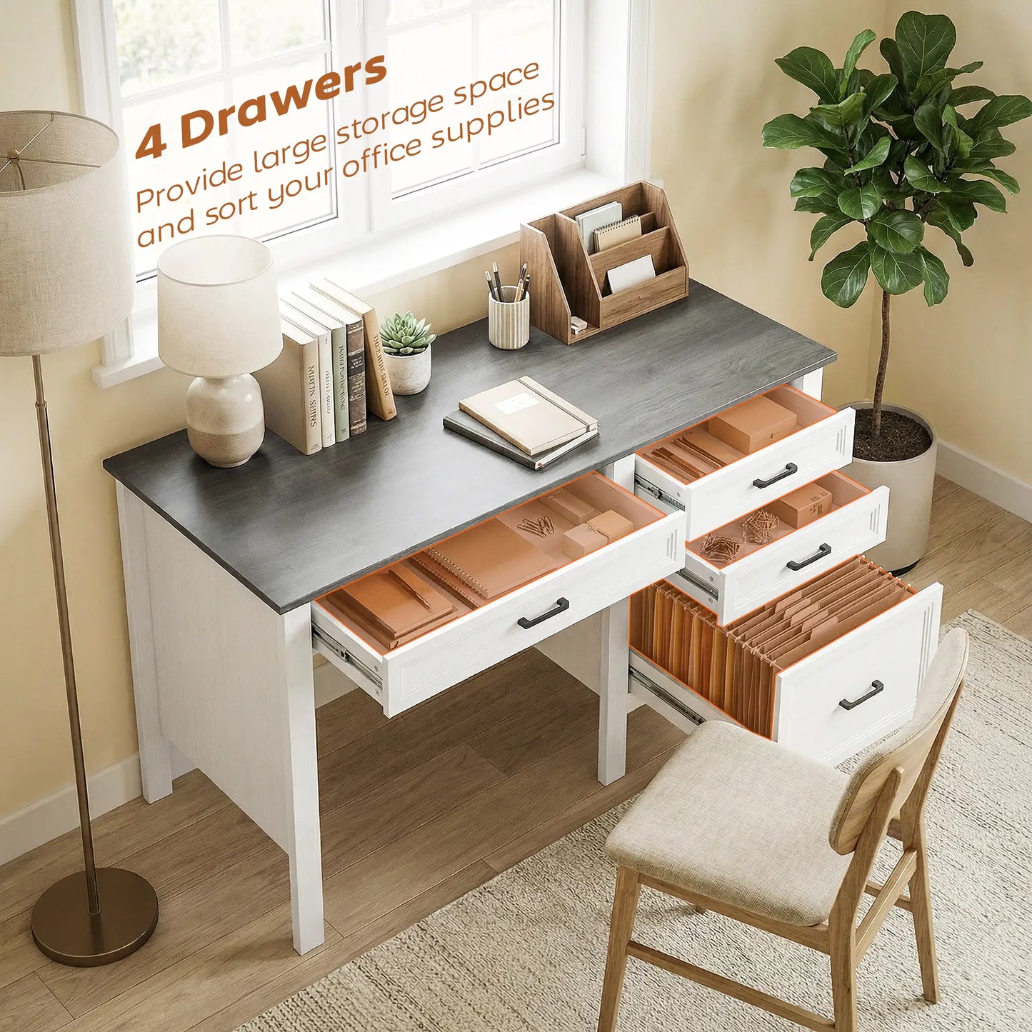 54" Farmhouse Executive Desk, Computer Desk With Drawers, White Computer Desks at Gallery Canada