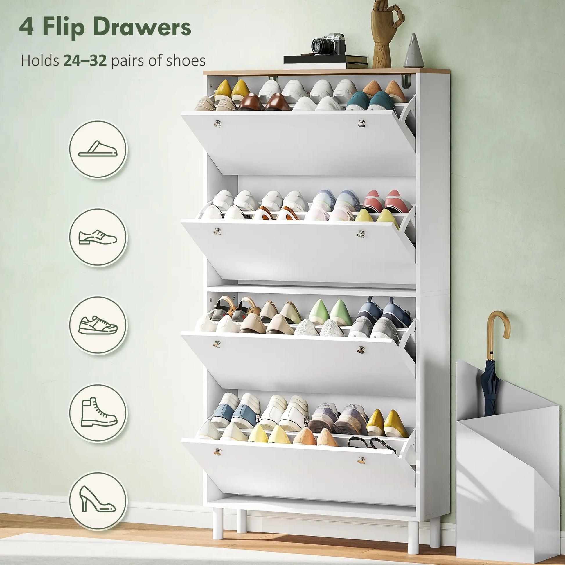 Narrow Shoe Cabinet, 4 Flip Drawers, Adjustable Shelves, Holds 24-32 Pairs, White Shoe Storage Cabinets & Racks at Gallery Canada