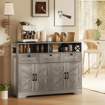 Grey Sideboard, Buffet Cabinet With 4 Barn Doors, 3 Drawers, Grey