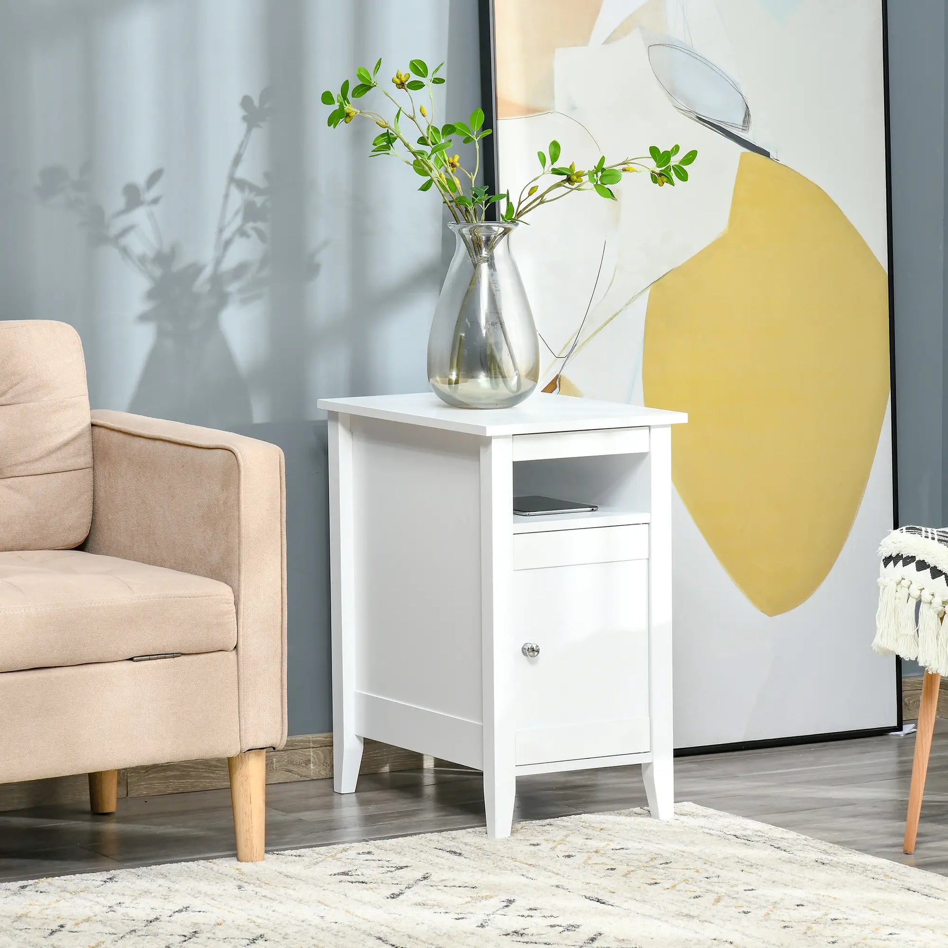 3-Tier Wooden Nightstand, Pullout Shelf, Adjustable Shelf, Door Cabinet, White Side Tables at Gallery Canada