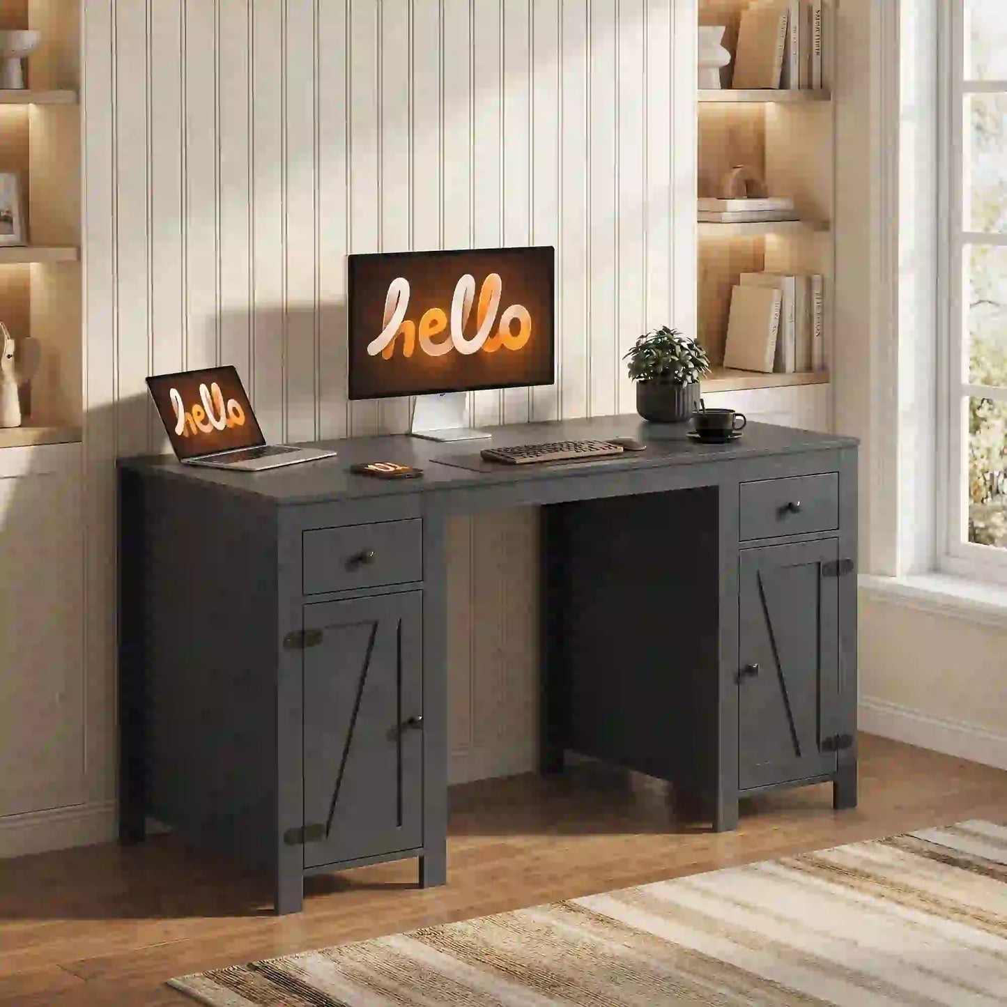 53" Farmhouse Executive Desk, Computer Desk With Drawers, Black Wood Grain, Black Writing Desks at Gallery Canada