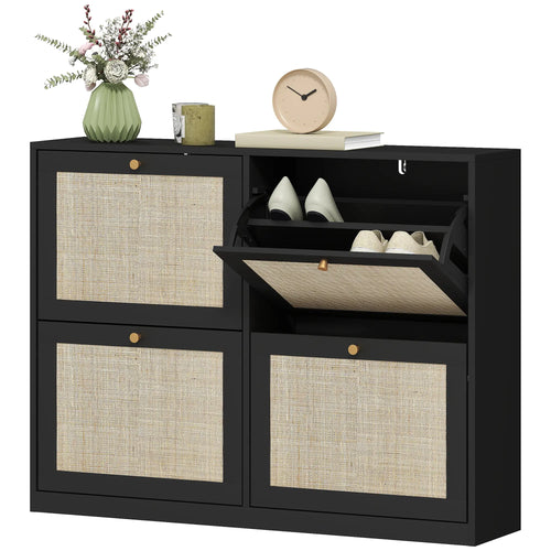 Narrow Shoe Storage Cabinet, 4 Flip Drawers, Adjustable Shelves, 20 Pairs, Black