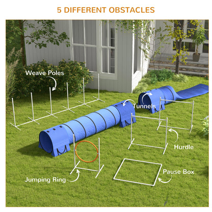 7 Pcs Dog Agility Kit w/ Tunnels, Weave Poles, Adjustable Hurdles, Jump Ring, Pause Box, Whistle, Carry Bag, Blue at Gallery Canada