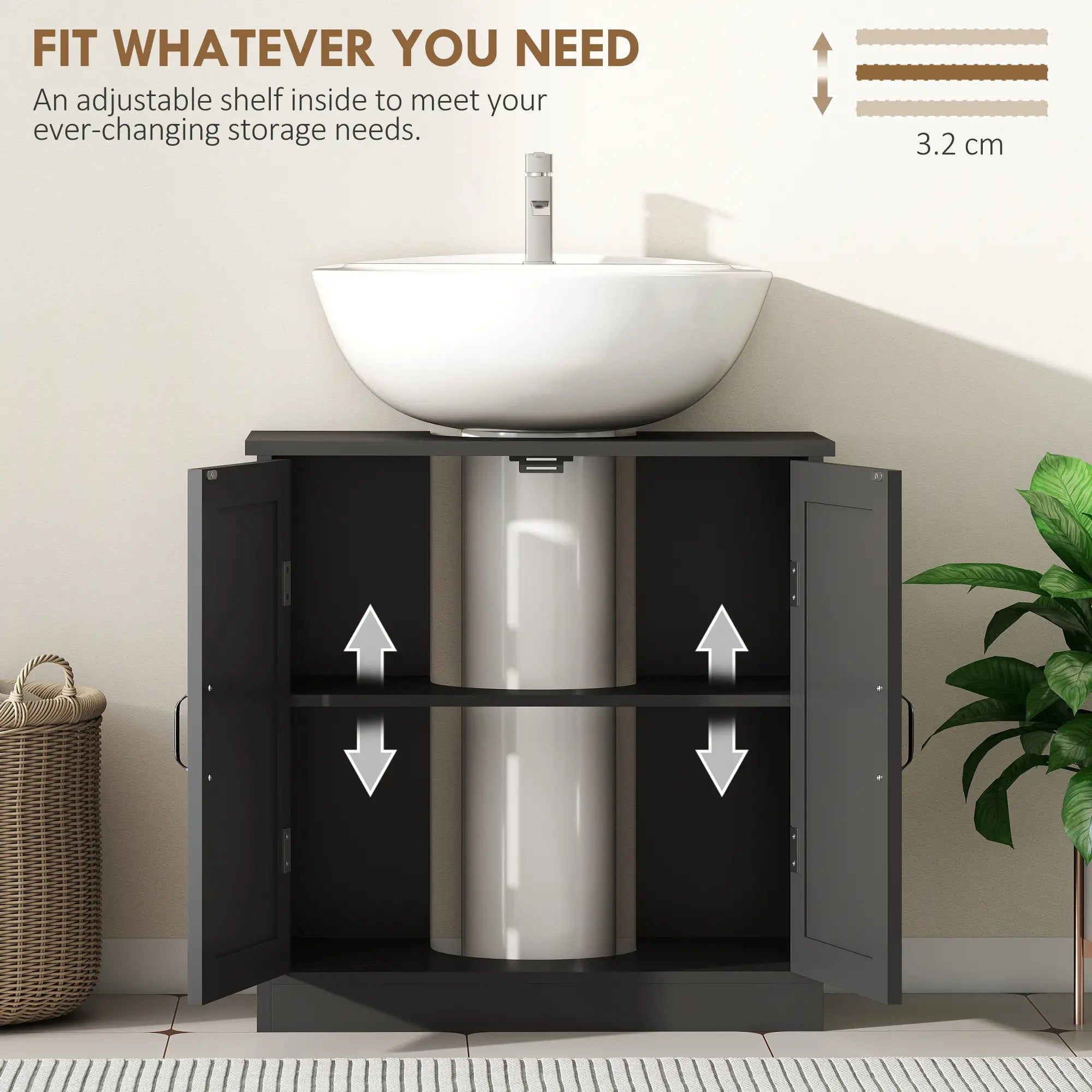 Pedestal Under Sink Vanity Cabinet, Double Doors, Adjustable Shelf, Black Sink Cabinets at Gallery Canada