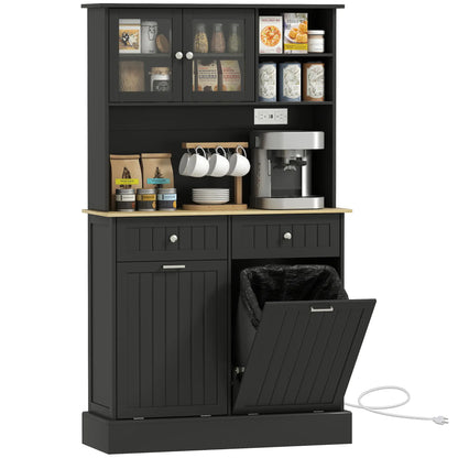 Kitchen Cabinet with Charging Station, 2 Tilt Out Cabinets, Microwave Stand, Black Kitchen Pantry Cabinets at Gallery Canada