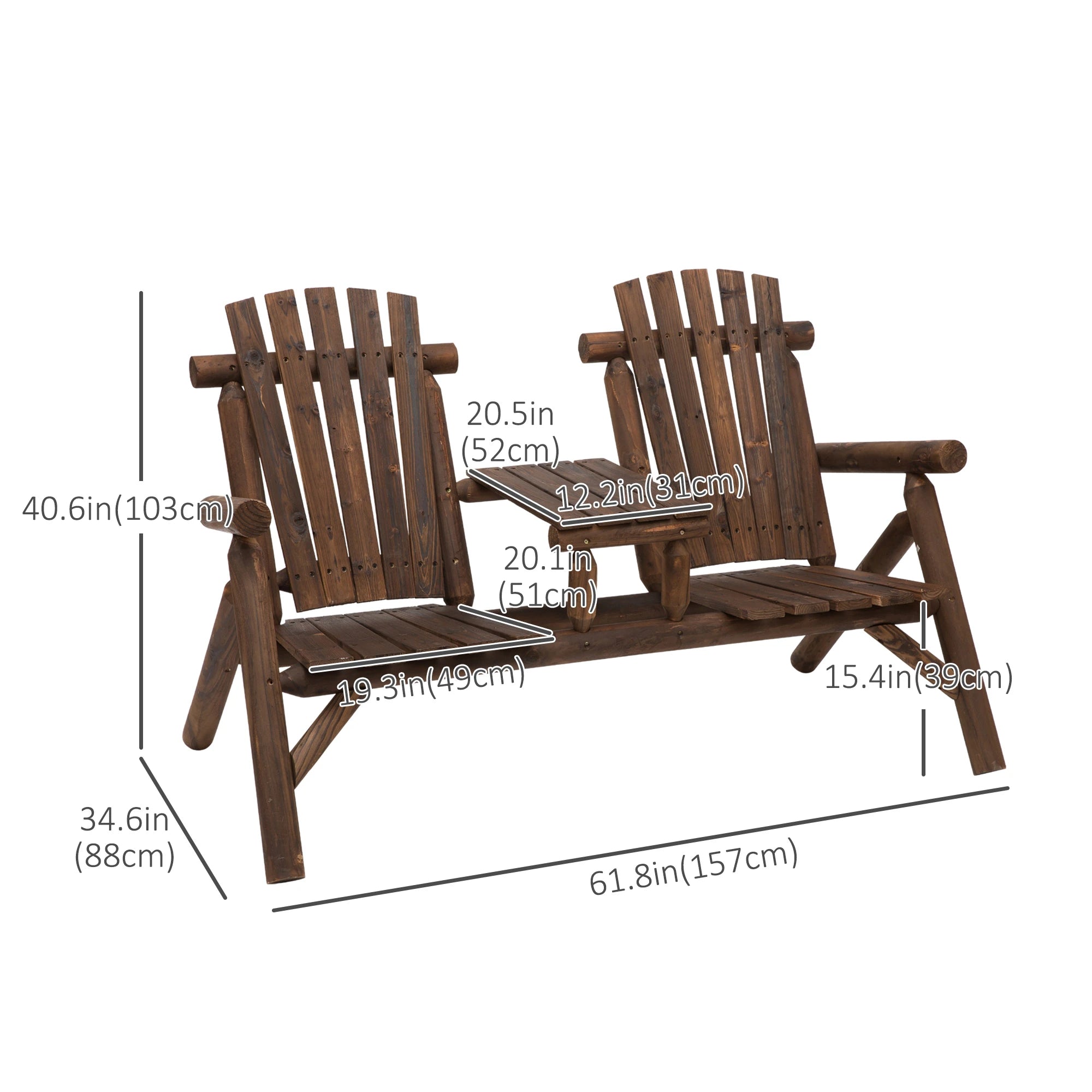 Wood Adirondack Patio Chair Bench, Center Coffee Table, Carbonized Outdoor Benches at Gallery Canada