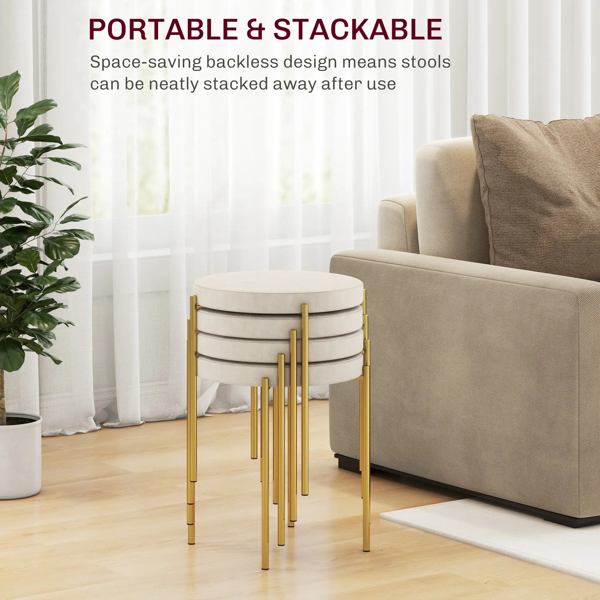 Round Backless Dining Chairs, Stacking Stools Set of 4, Cream White Dining Chairs at Gallery Canada