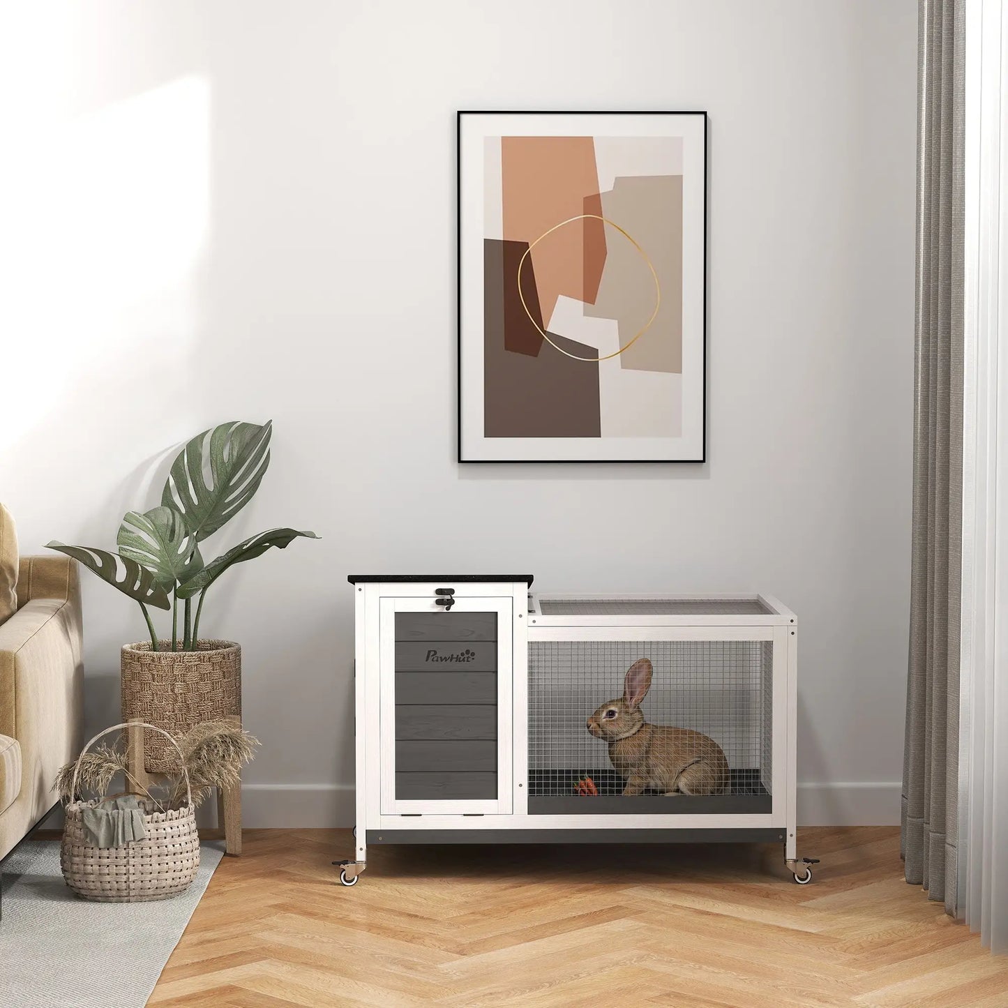 Wooden Rabbit Hutch, Pull-Out Tray, Openable Roof, Small Animal Cage on Wheels, Grey Rabbit Hutch at Gallery Canada