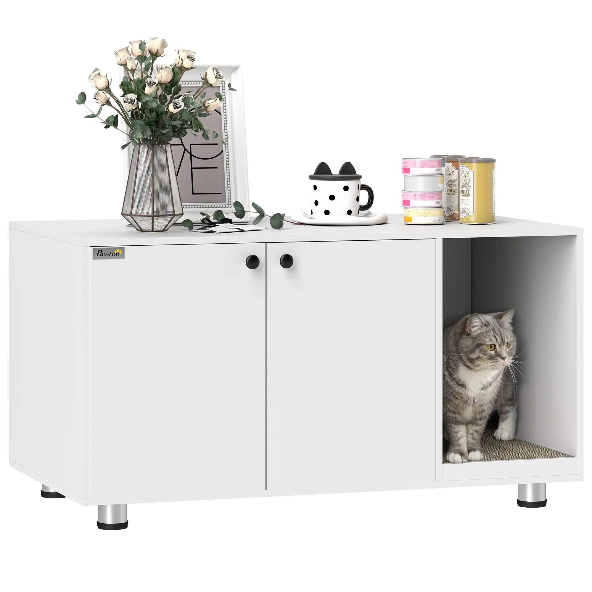 Hidden Cat Litter Box Furniture, Double Doors, Scratching Pad, White Cat Litter Box Enclosures at Gallery Canada