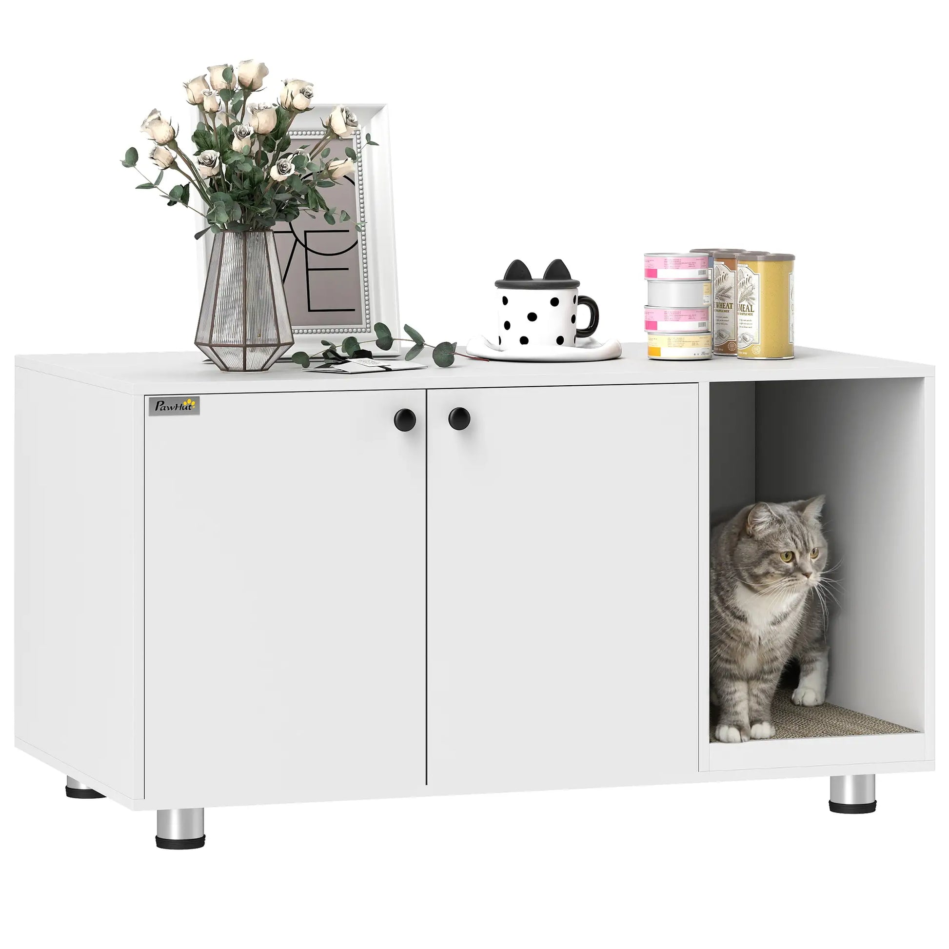 Hidden Cat Litter Box Furniture, Double Doors, Scratching Pad, White Cat Litter Box Enclosures at Gallery Canada