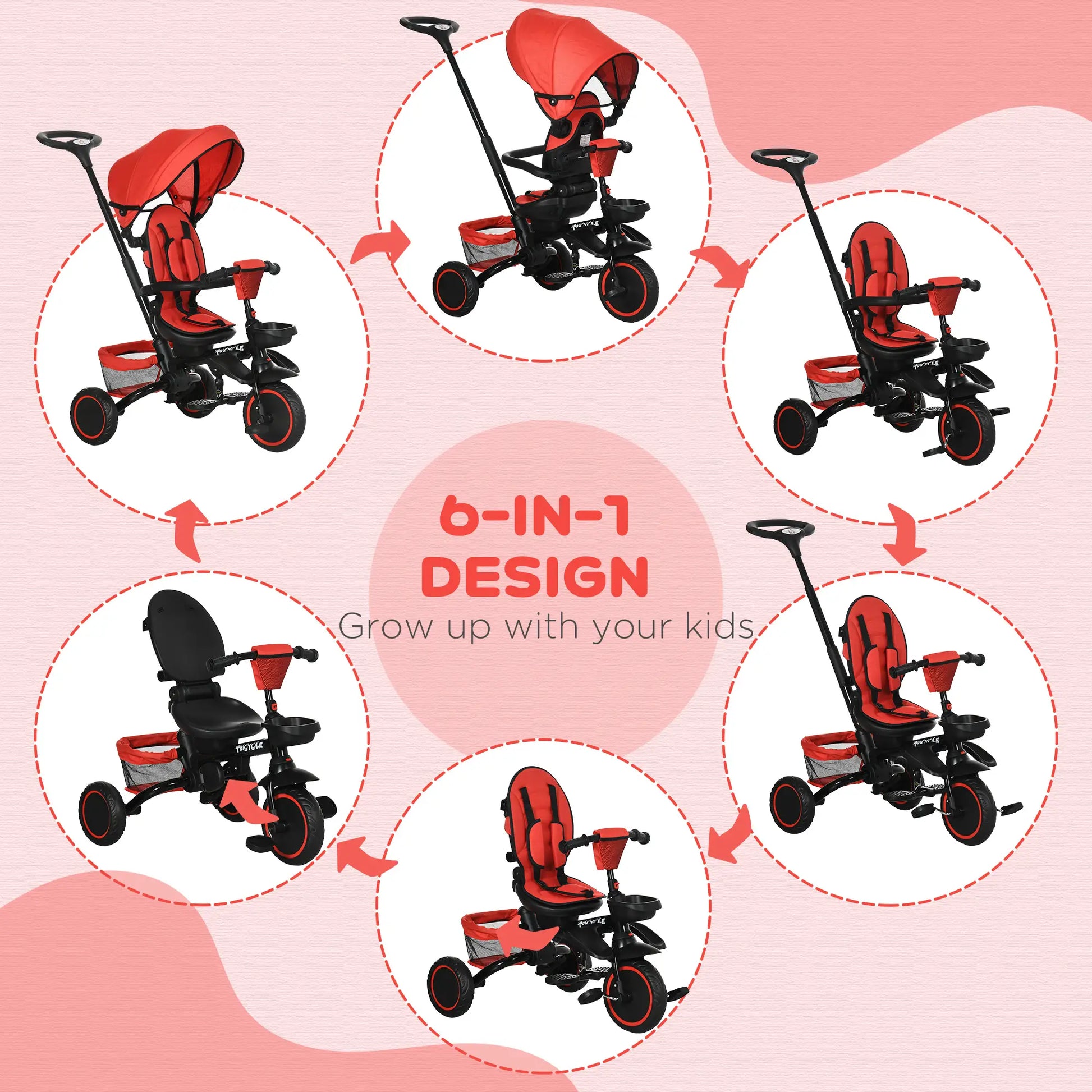 6-in-1 Toddler Tricycle, Foldable, Adjustable Seat, Push Handle, Red Tricycles for Kids at Gallery Canada