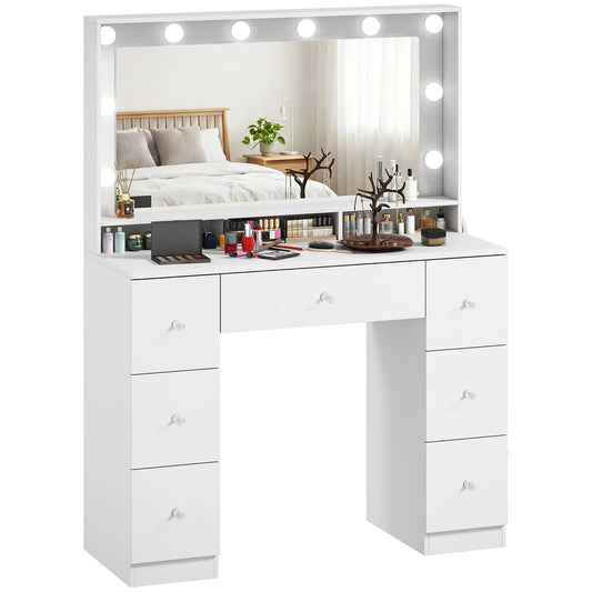 Vanity Desk with 10 Dimmable LED Lights, Mirror Dressing Table with 7 Drawers and Charging Station, White Dressing & Vanity Tables White at Gallery Canada
