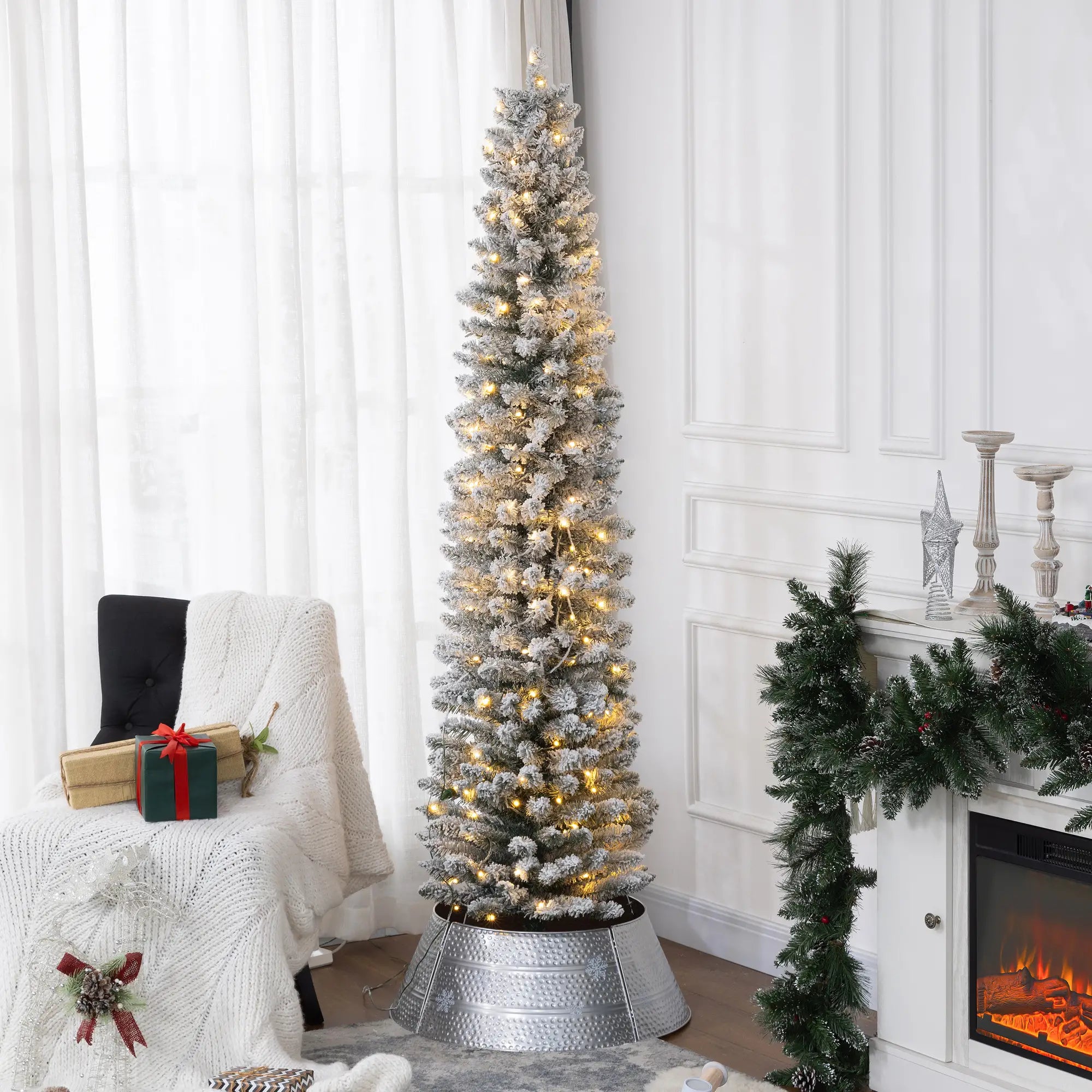 7ft Prelit Snow Flocked Christmas Tree, Metal Base, Warm White LED Pre Lit Christmas Trees at Gallery Canada