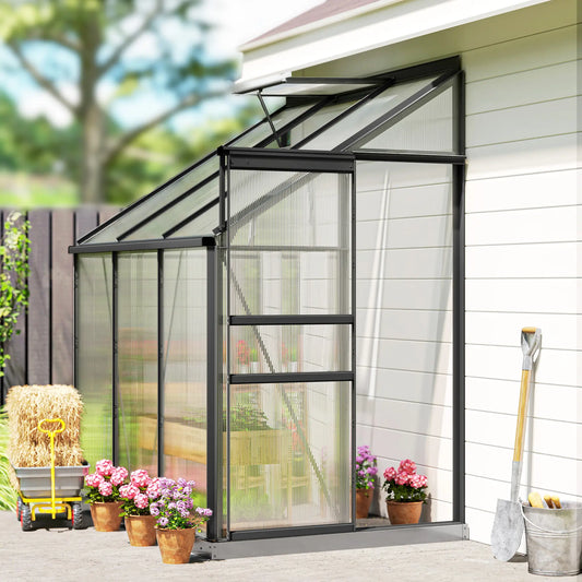 Aluminum Lean-To Greenhouse, Polycarbonate Walk-In, 6' x 4', Dark Grey Walk In Greenhouses Dark Grey, Clear at Gallery Canada