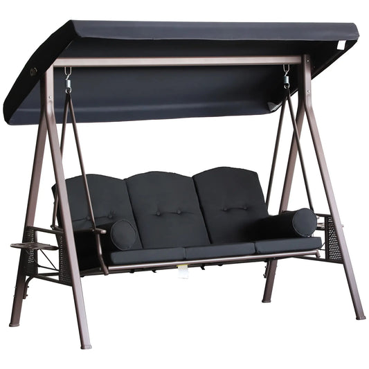 3-Person Steel Canopy Swing, Cushioned Seat, Side Trays, Black Patio Swings with Stand Black at Gallery Canada