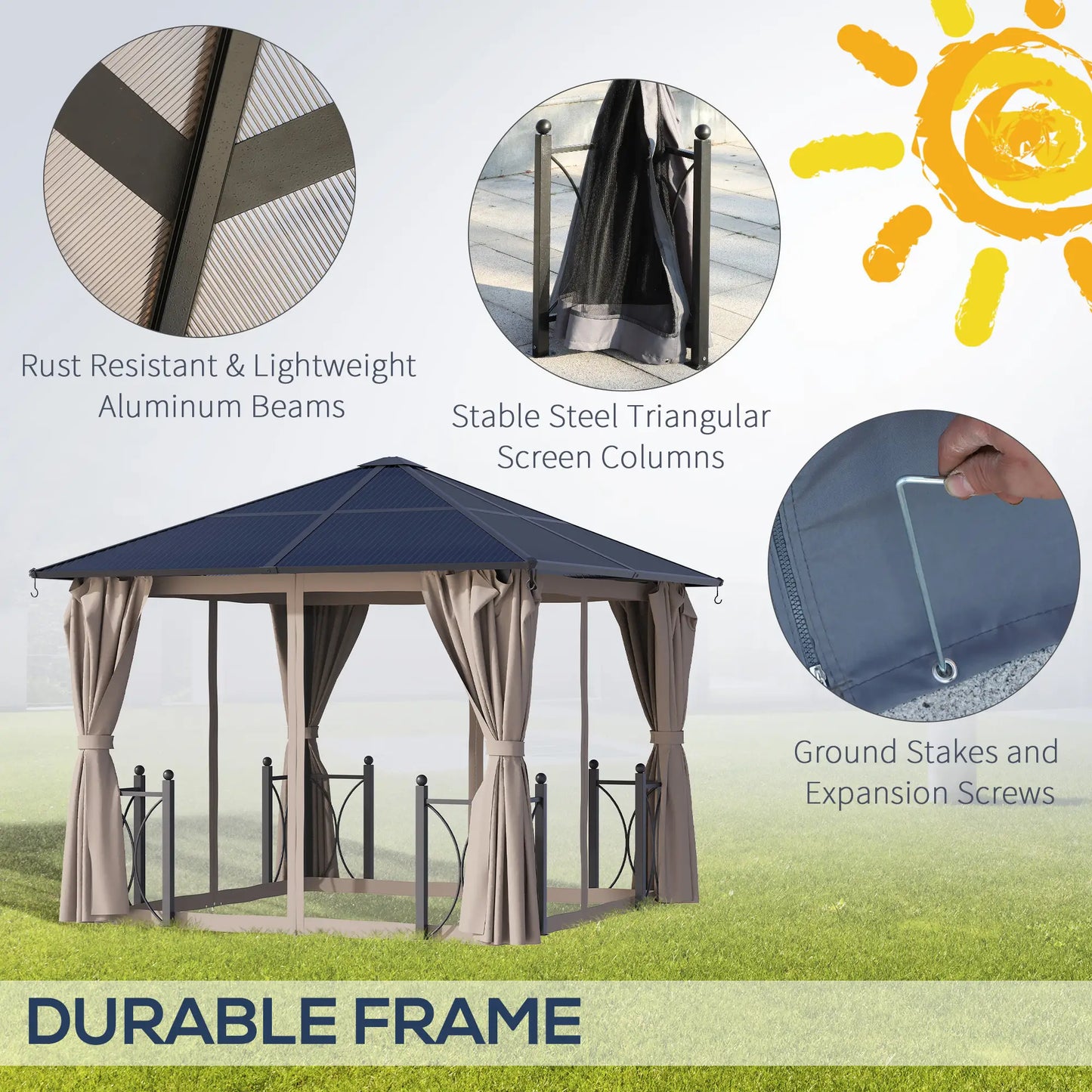 10' x 10' Hardtop Gazebo, PC Board Roof, Aluminum Frame, Black Gazebos at Gallery Canada