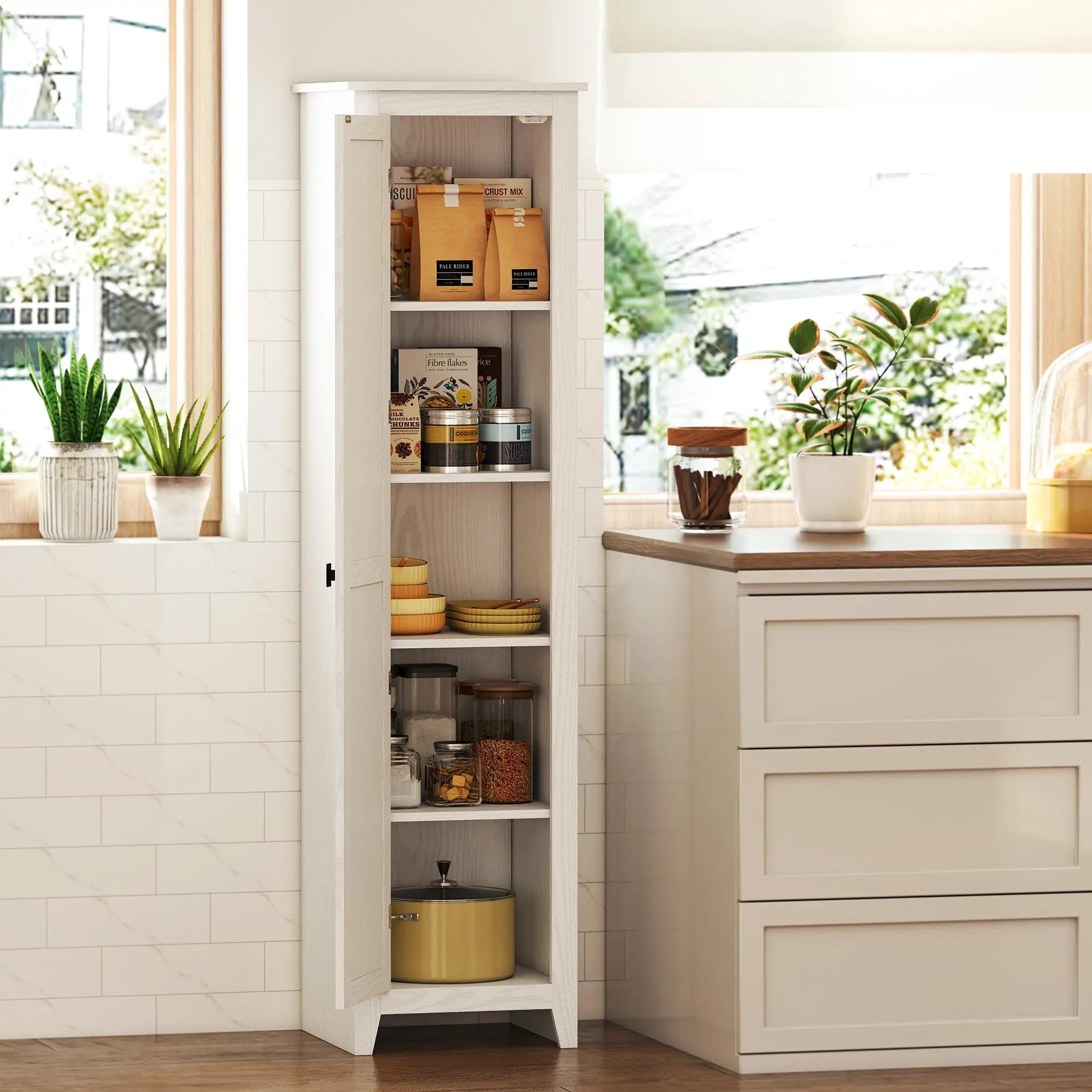 67 Farmhouse Kitchen Pantry Cabinet, Adjustable Shelves, White Kitchen Pantry Cabinets at Gallery Canada