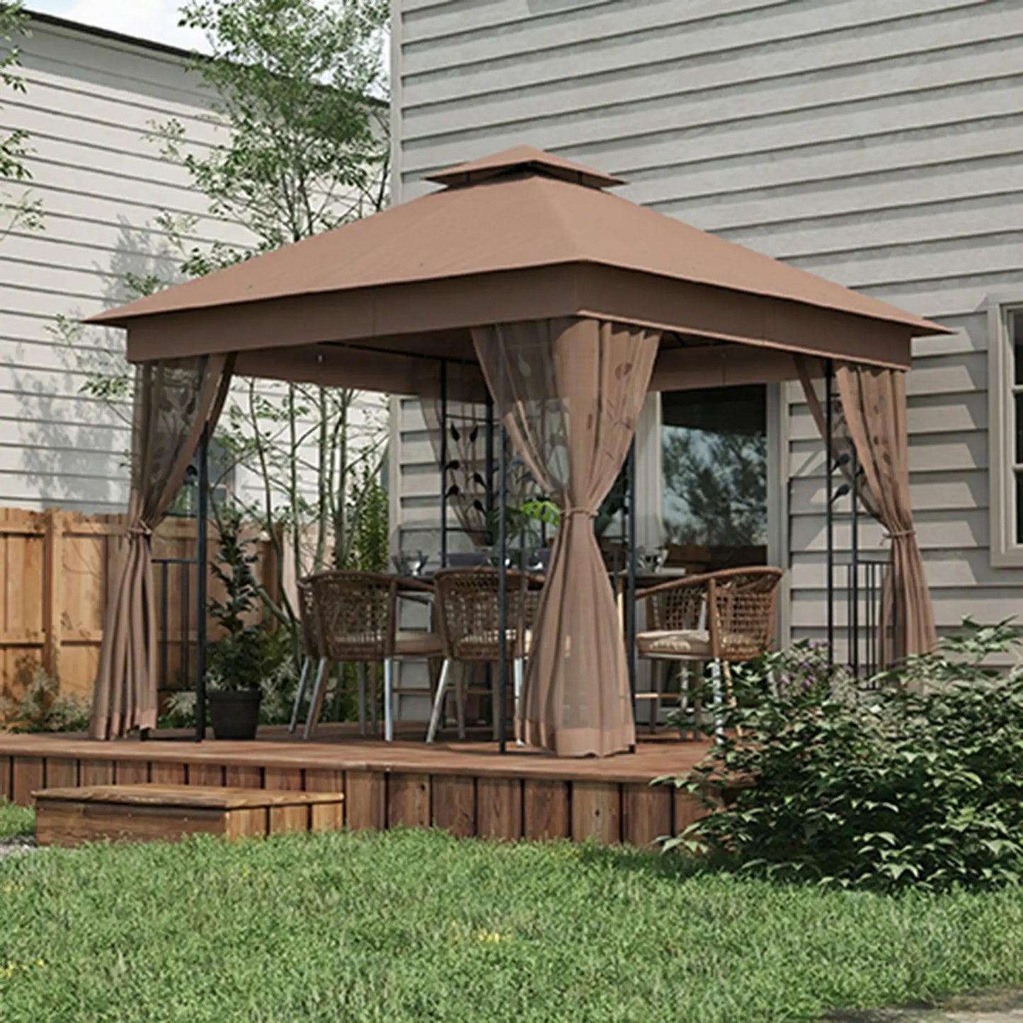 10'x10' Dark Brown Steel Patio Gazebo, Soft-Top Sun Shelter, Dark Brown Gazebos at Gallery Canada