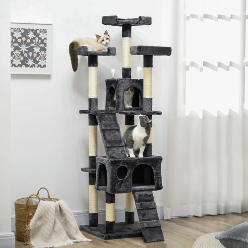 68-Inch Multi-Level Cat Scratching Tree, Kitty Activity Center, Charcoal Grey