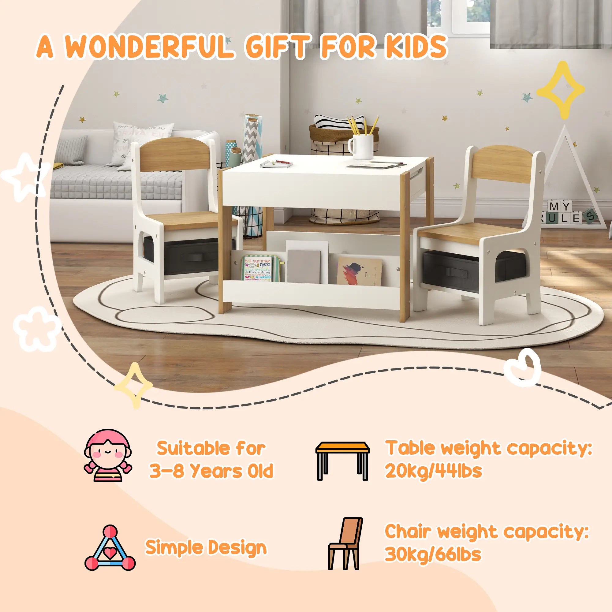 3 Piece Kids Table and Chair Set, Reversible Tabletop, Blackboard, Storage, Bookshelf, Natural Kids Table Sets at Gallery Canada
