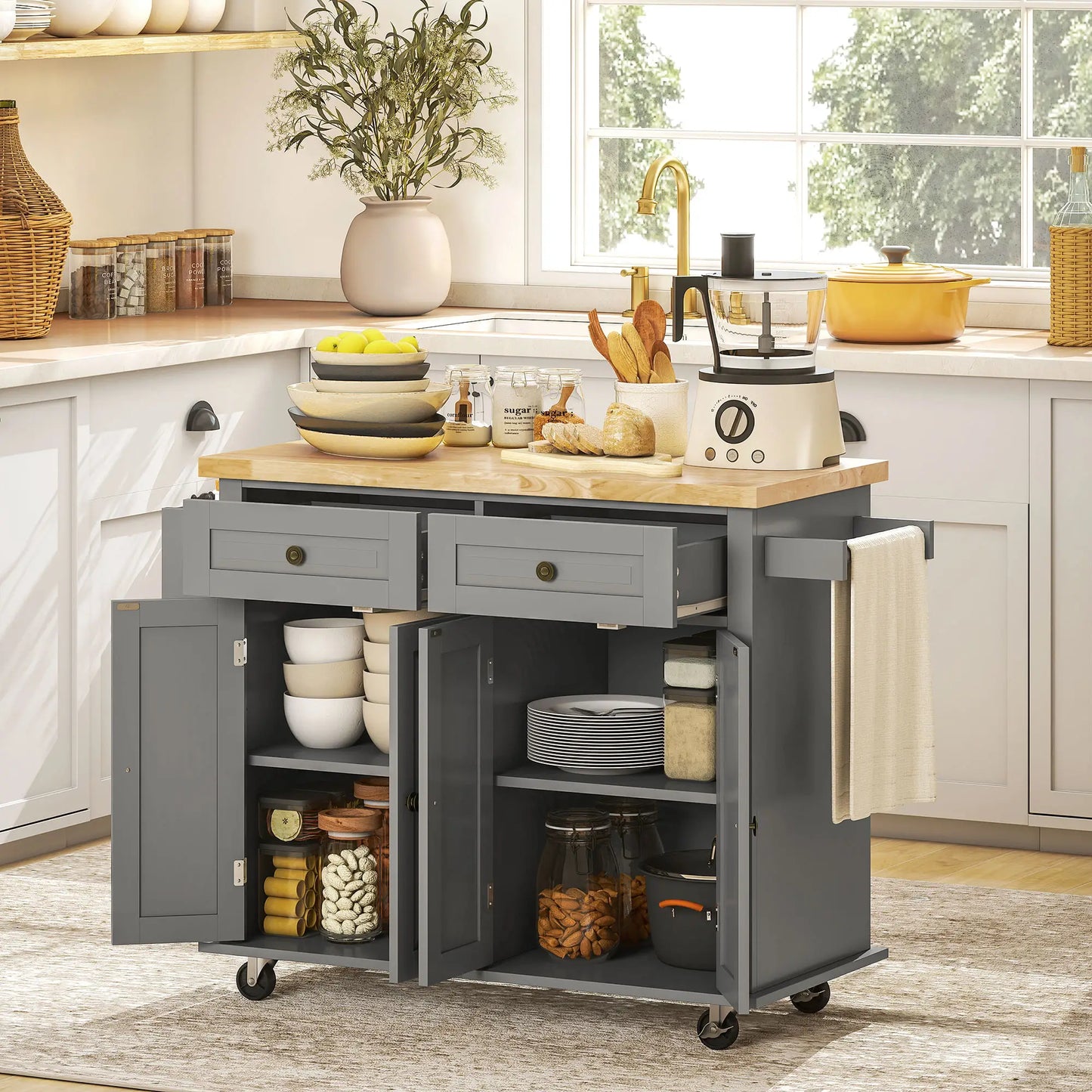 Kitchen Island with Storage, Rolling Cart, Rubber Wood Top, Grey Kitchen Islands & Kitchen Carts at Gallery Canada