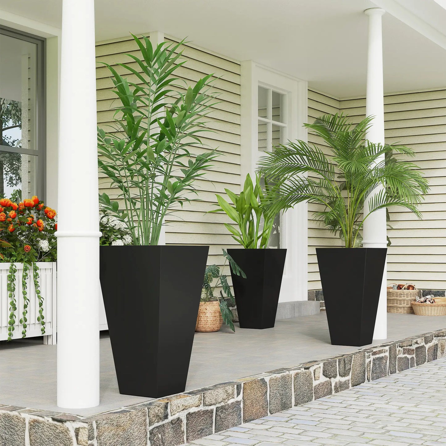 28" Tall Garden Plastic Planters, Set of 3, Indoor Outdoor, Black Garden Accessories at Gallery Canada