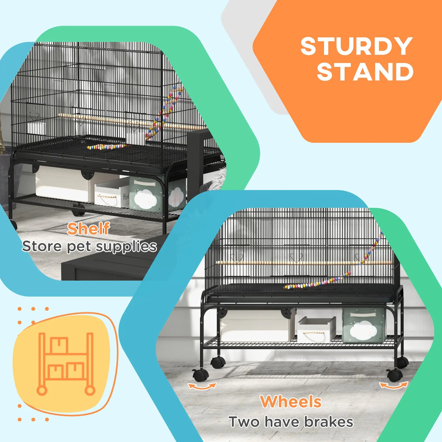 63" Bird Cage With Open Top, Stand, Toys, Removable Tray, Storage Shelf Bird Cages at Gallery Canada