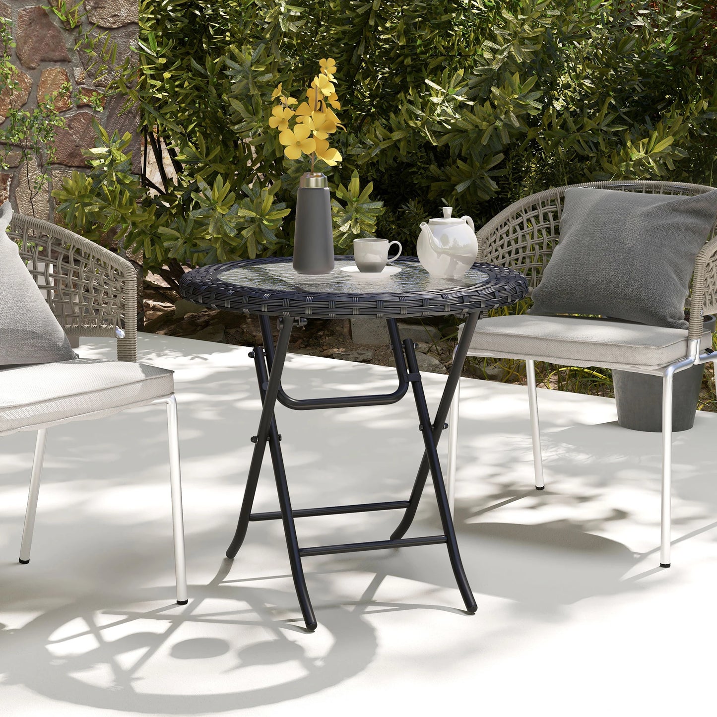 Folding Round Tempered Glass Table, Metal Frame, Black Patio Side Tables at Gallery Canada